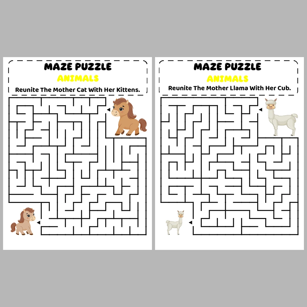 Mother and Baby Animal Kids Maze Puzzle 10 Pages of Puzzles