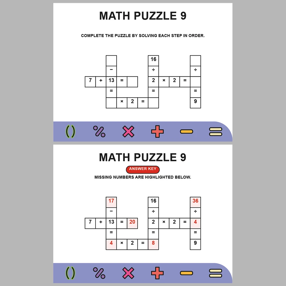 Math Puzzle Four Operations 10 Puzzle Pages + 10 Answer Key Pages (Vol. 3)