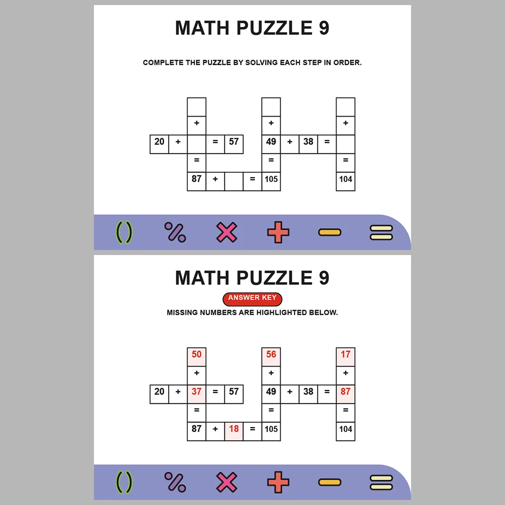 Math Puzzle Addition 10 Puzzle Pages + 10 Answer Key Pages (Vol. 6)