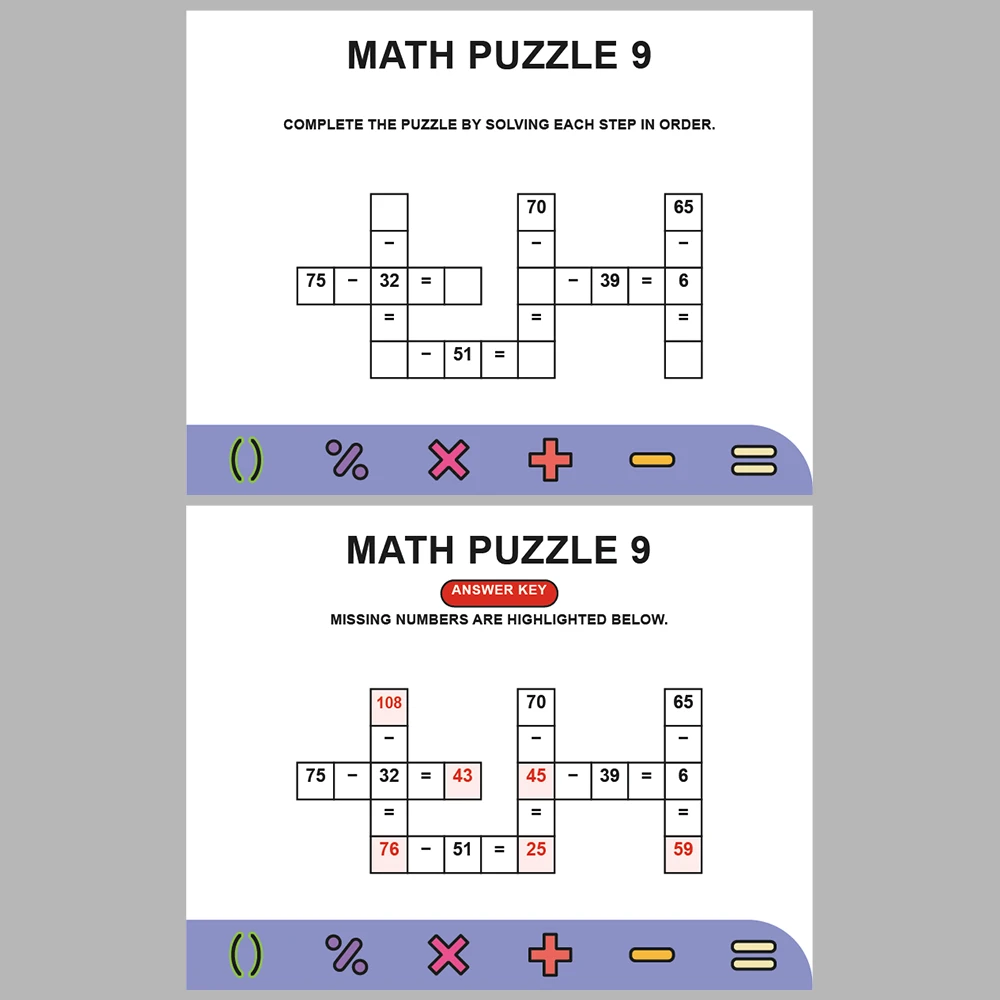 Math Puzzle Subtraction 10 Puzzle Pages + 10 Answer Key Pages (Vol. 5)