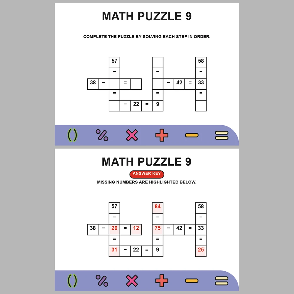 Math Puzzle Subtraction 10 Puzzle Pages + 10 Answer Key Pages (Vol. 7)