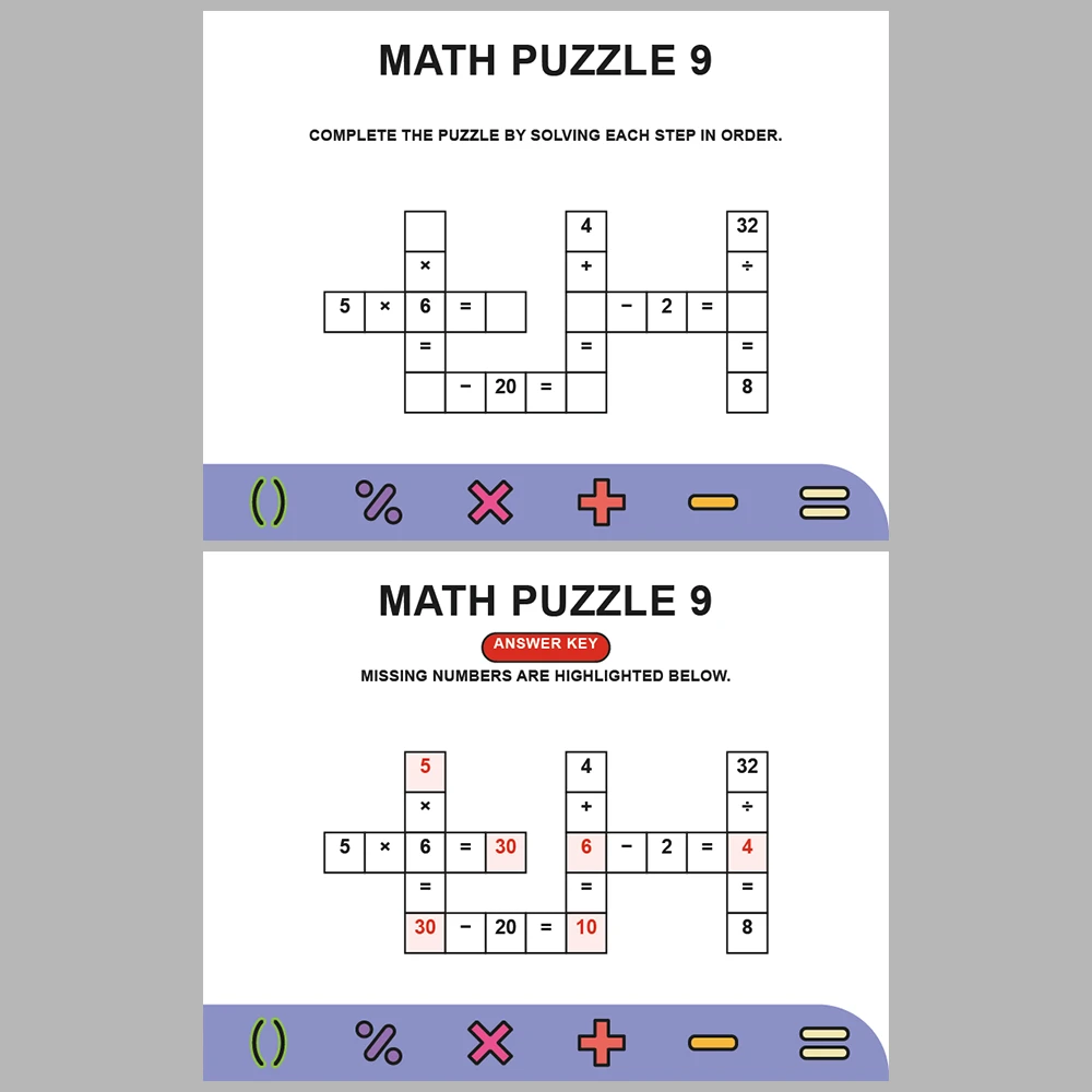 Math Puzzle Four Operations 10 Puzzle Pages + 10 Answer Key Pages (Vol. 11)
