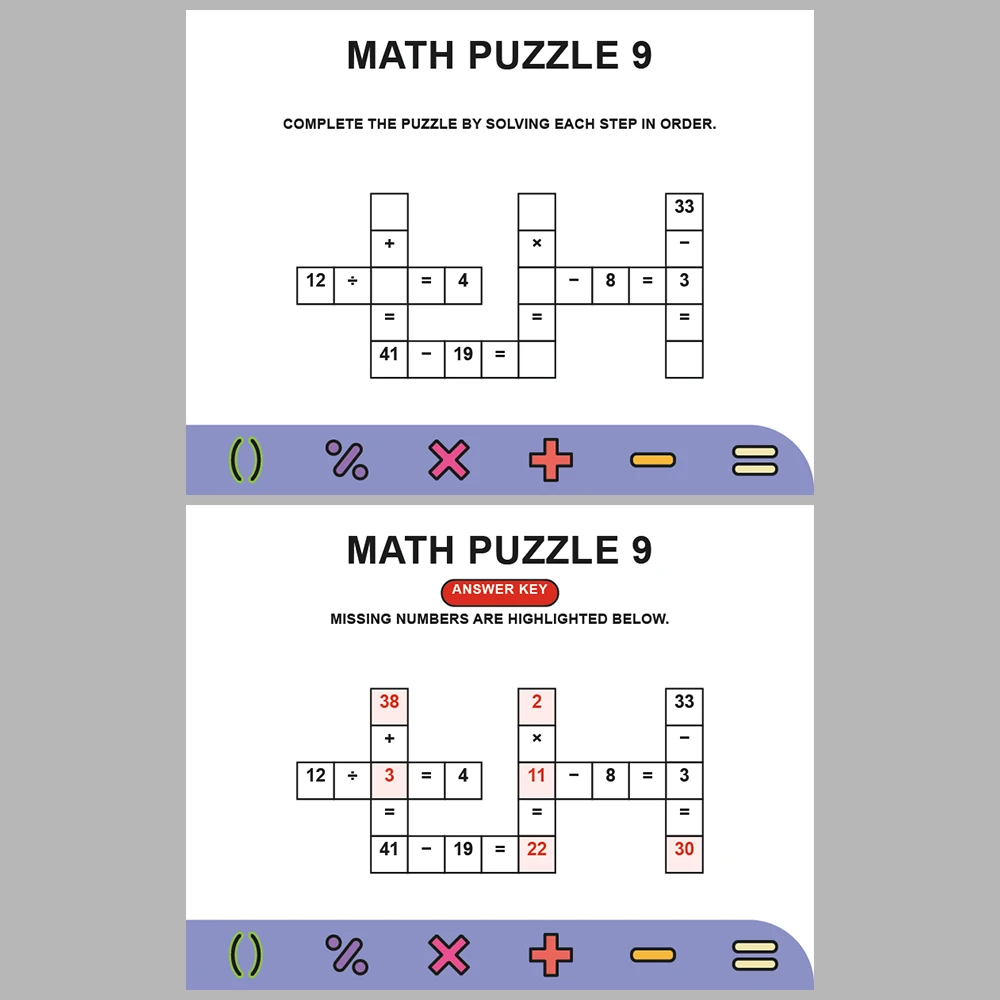 Math Puzzle Four Operations 10 Puzzle Pages + 10 Answer Key Pages (Vol. 14)