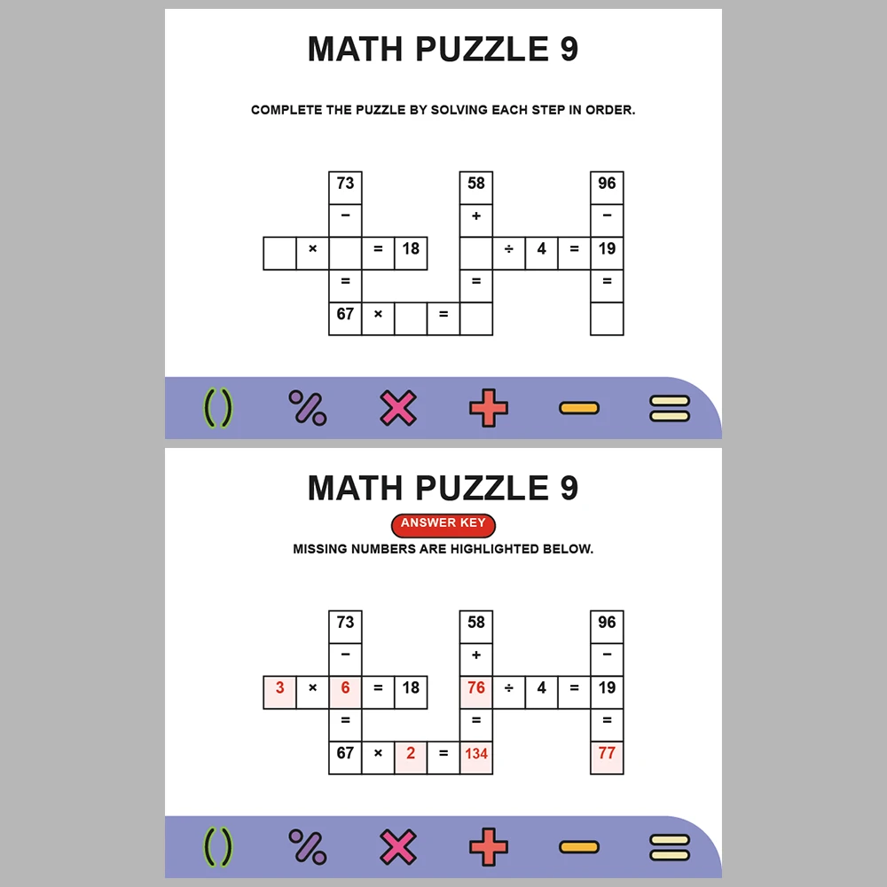 Math Puzzle Four Operations 10 Puzzle Pages + 10 Answer Key Pages (Vol. 20)