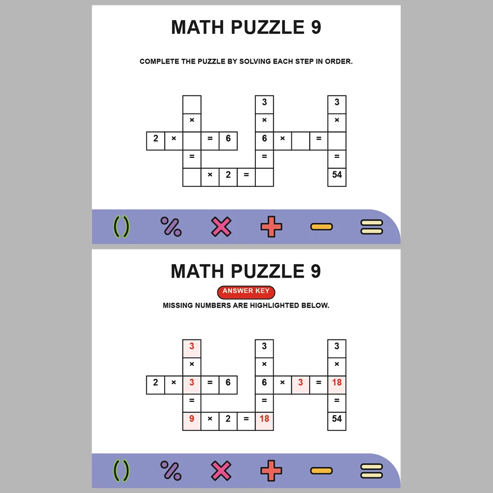 Math Puzzle Multiplication 10 Puzzle Pages + 10 Answer Key Pages (Vol. 5)