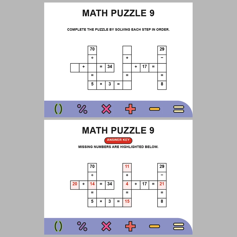 Math Puzzle Four Operations 10 Puzzle Pages + 10 Answer Key Pages (Vol. 2)