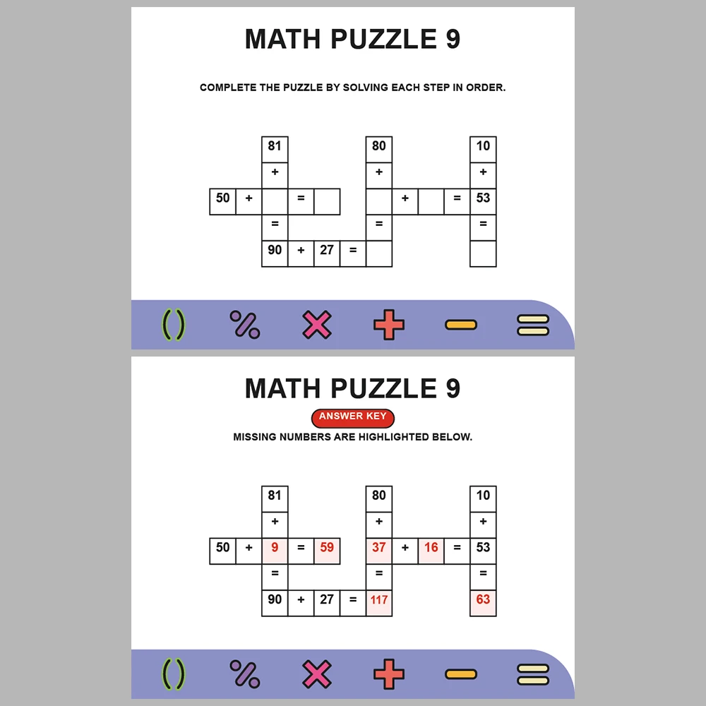 Math Puzzle Addition 10 Puzzle Pages + 10 Answer Key Pages (Vol. 4)