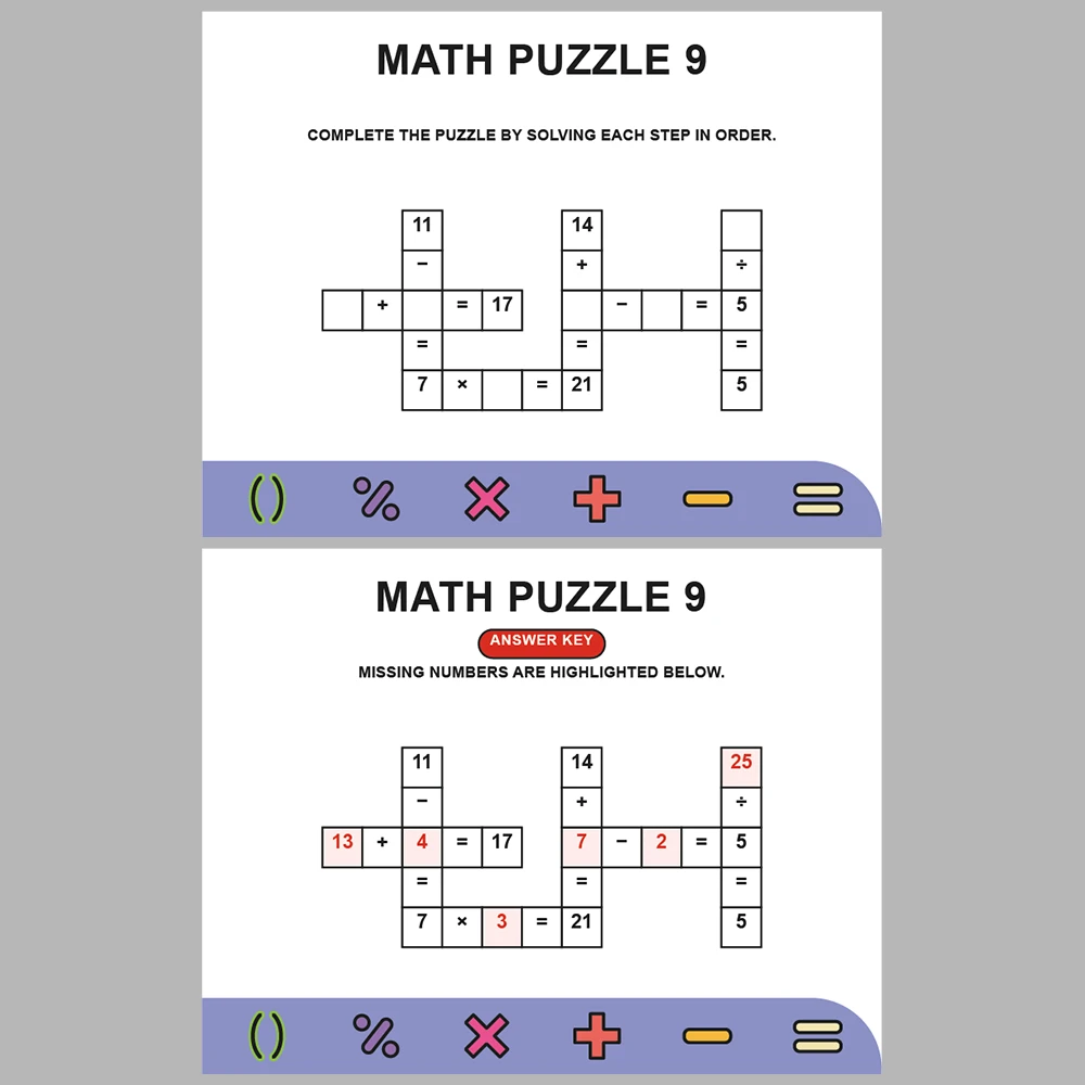 Math Puzzle Four Operations 10 Puzzle Pages + 10 Answer Key Pages (Vol. 1)