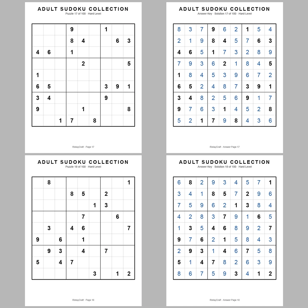 Sudoku Puzzle Adult Hard 100 Puzzle Pages + 100 Answer Key Pages