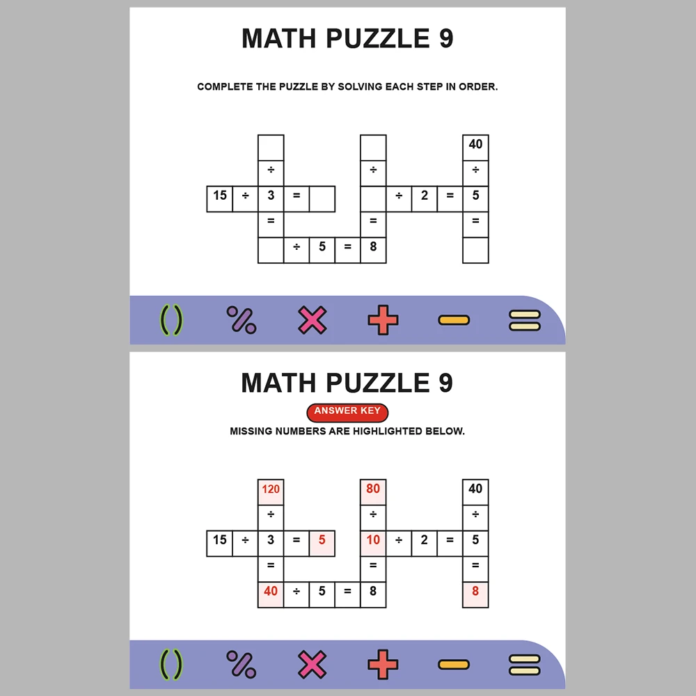 Math Puzzle Division 10 Puzzle Pages + 10 Answer Key Pages (Vol. 9)