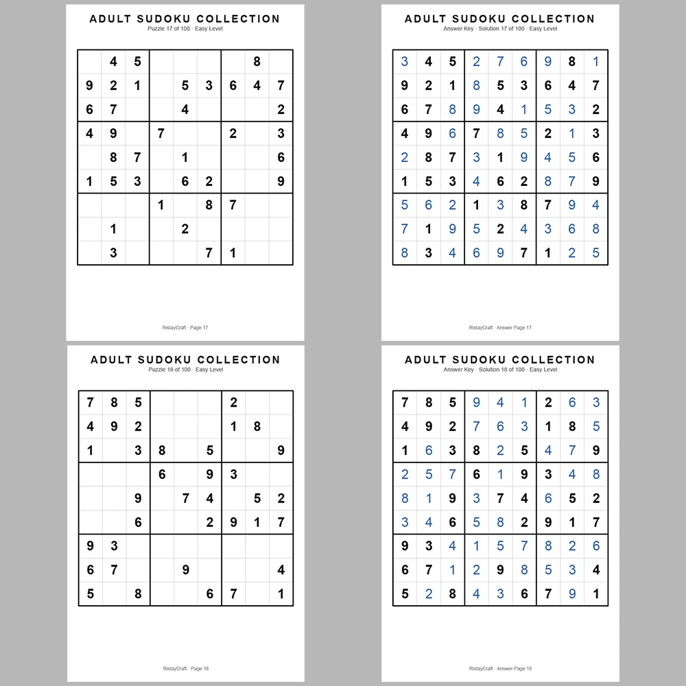 Sudoku Puzzle Adult Easy 100 Puzzle Pages + 100 Answer Key Pages