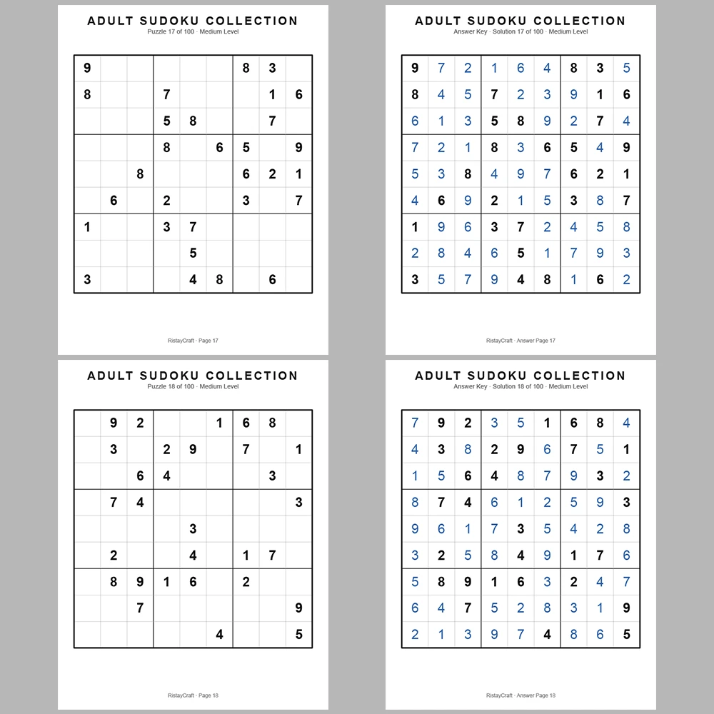 Sudoku Puzzle Adult Medium 100 Puzzle Pages + 100 Answer Key Pages