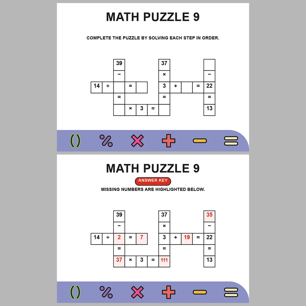 Math Puzzle Four Operations 10 Puzzle Pages + 10 Answer Key Pages (Vol. 9)