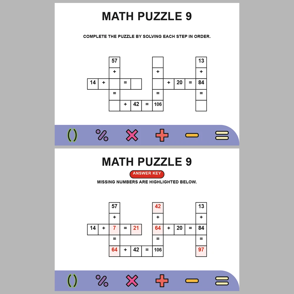Math Puzzle Addition 10 Puzzle Pages + 10 Answer Key Pages (Vol. 2)