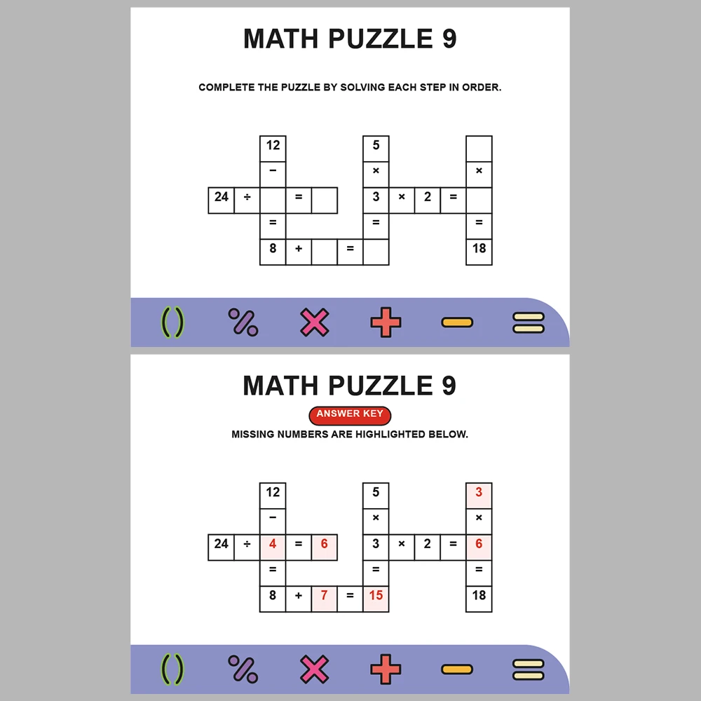 Math Puzzle Four Operations 10 Puzzle Pages + 10 Answer Key Pages (Vol. 4)