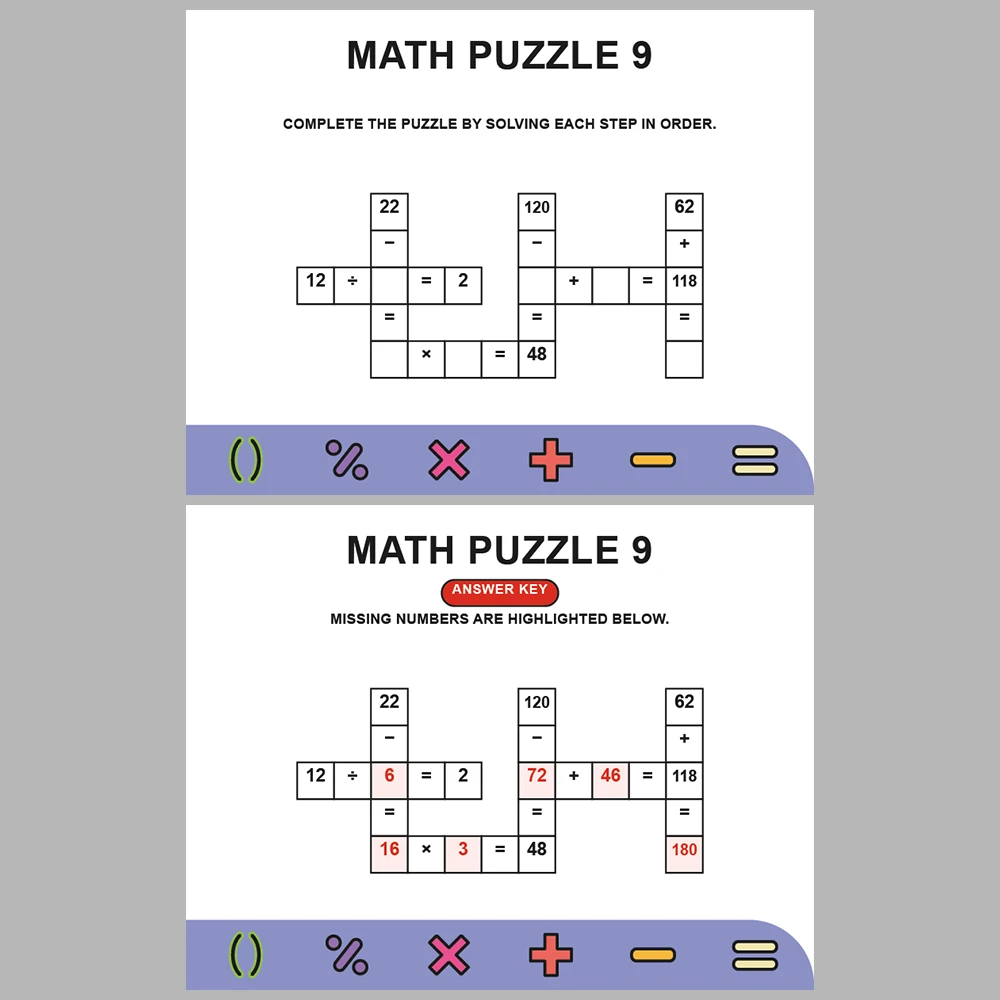 Math Puzzle Four Operations 10 Puzzle Pages + 10 Answer Key Pages (Vol. 18)