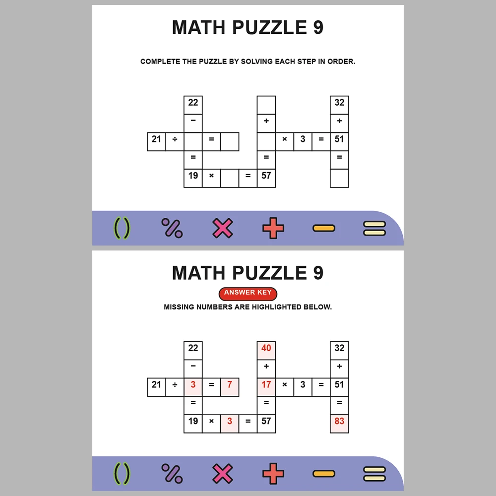 Math Puzzle Four Operations 10 Puzzle Pages + 10 Answer Key Pages (Vol. 7)