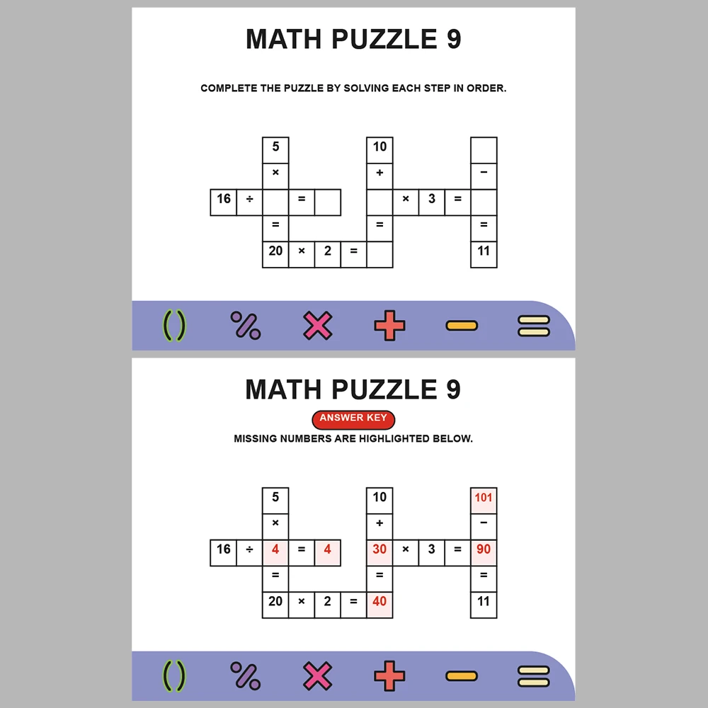 Math Puzzle Four Operations 10 Puzzle Pages + 10 Answer Key Pages (Vol. 6)