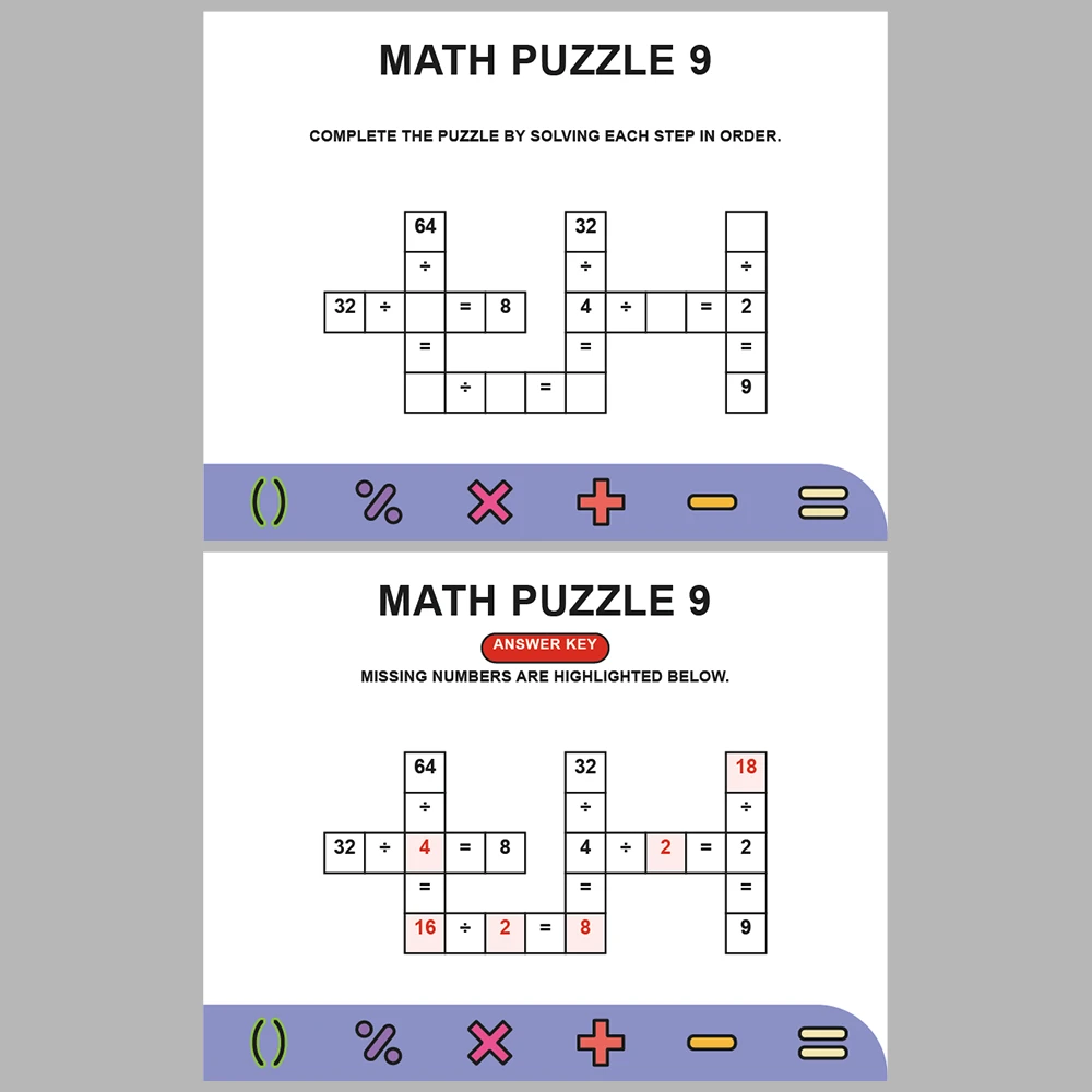 Math Puzzle Division 10 Puzzle Pages + 10 Answer Key Pages (Vol. 4)