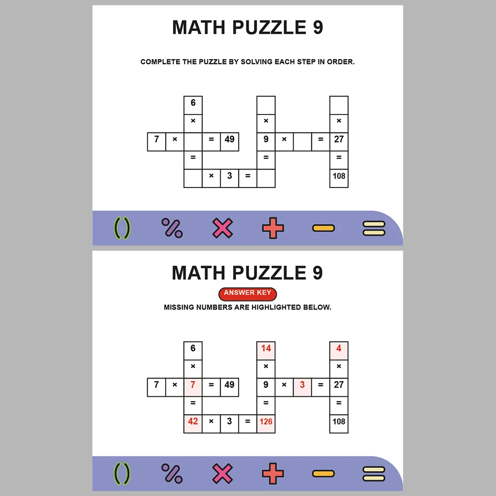 Math Puzzle Multiplication 10 Puzzle Pages + 10 Answer Key Pages (Vol. 10)