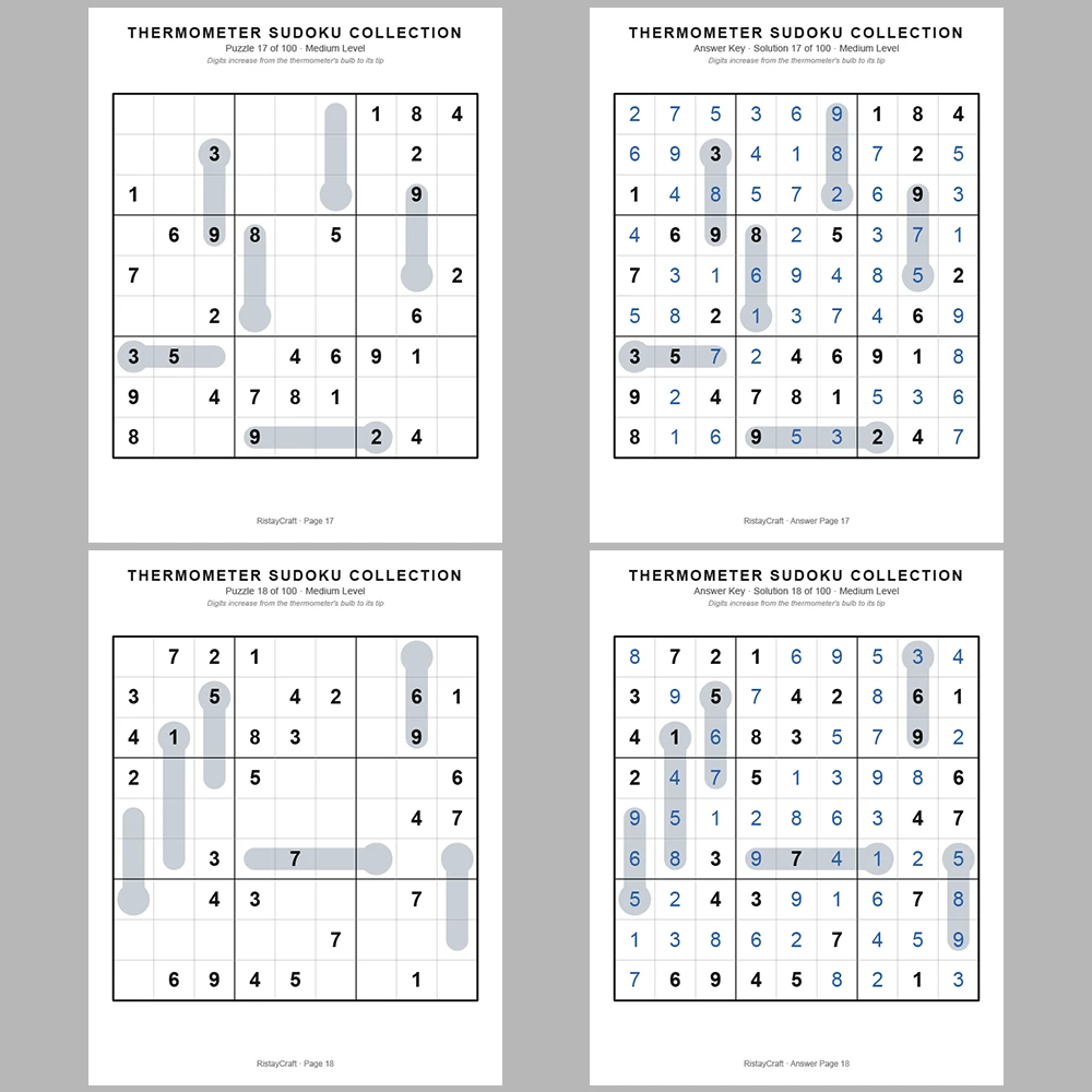 Sudoku Puzzle Thermometer Sudoku 100 Puzzle Pages + 100 Answer Key Pages