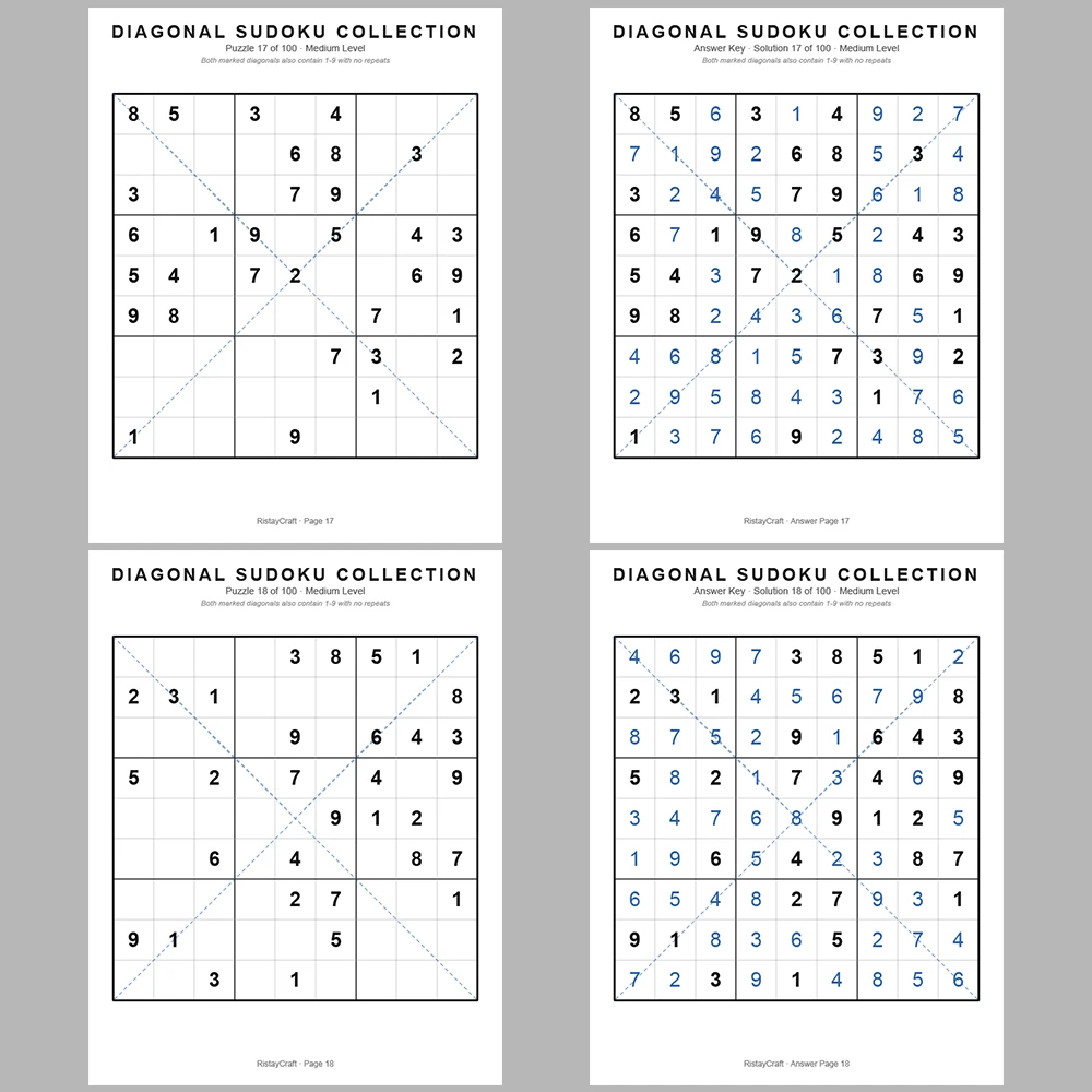Sudoku Puzzle Diagonal Sudoku 100 Puzzle Pages + 100 Answer Key Pages