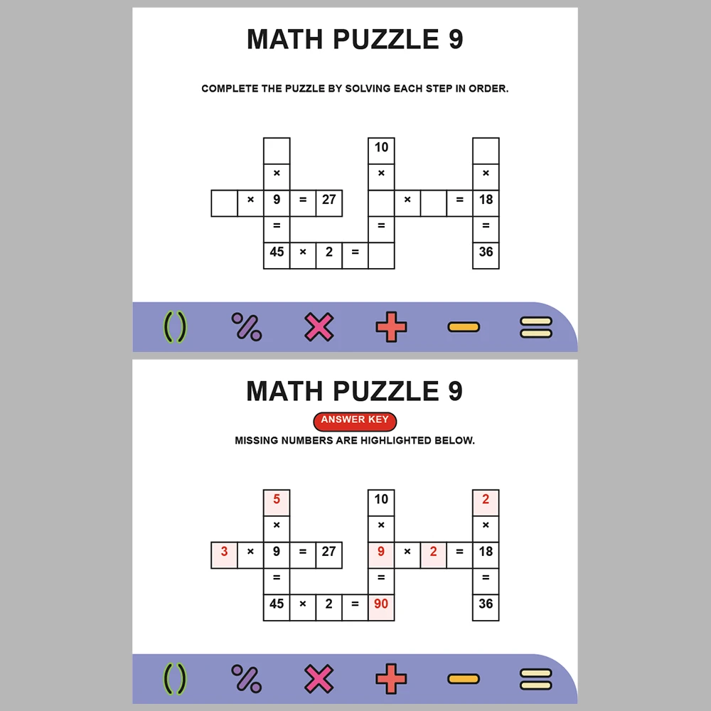 Math Puzzle Multiplication 10 Puzzle Pages + 10 Answer Key Pages (Vol. 2)