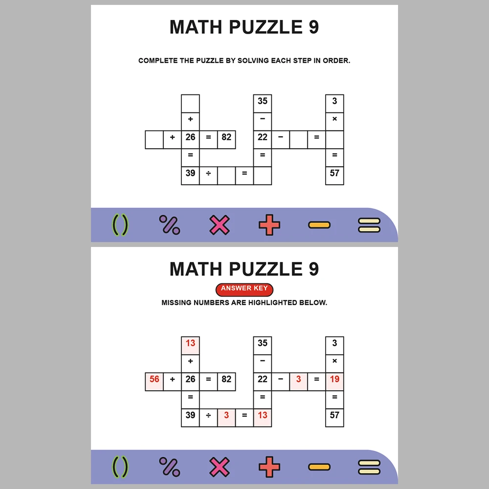 Math Puzzle Four Operations 10 Puzzle Pages + 10 Answer Key Pages (Vol. 19)