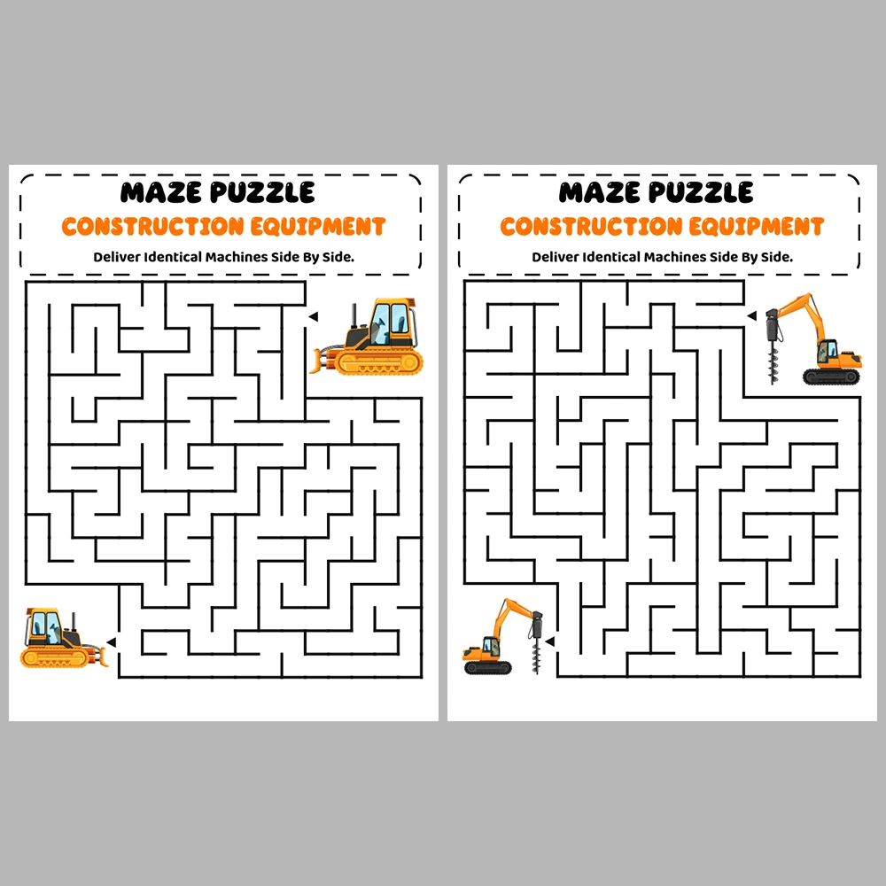 Construction Equipment Kids Maze Puzzle 10 Puzzle Pages + 10 Answer Key Pages