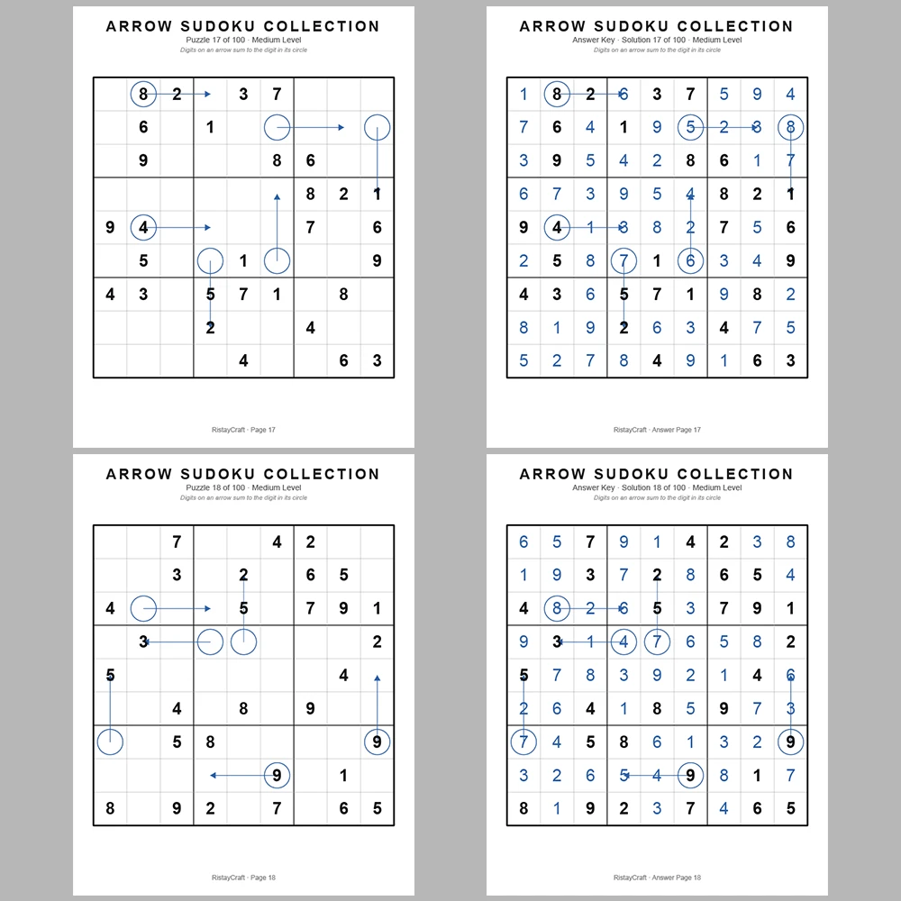 Suooku Puzzle Arrow Sudoku 100 Puzzle Pages + 100 Answer Key Pages