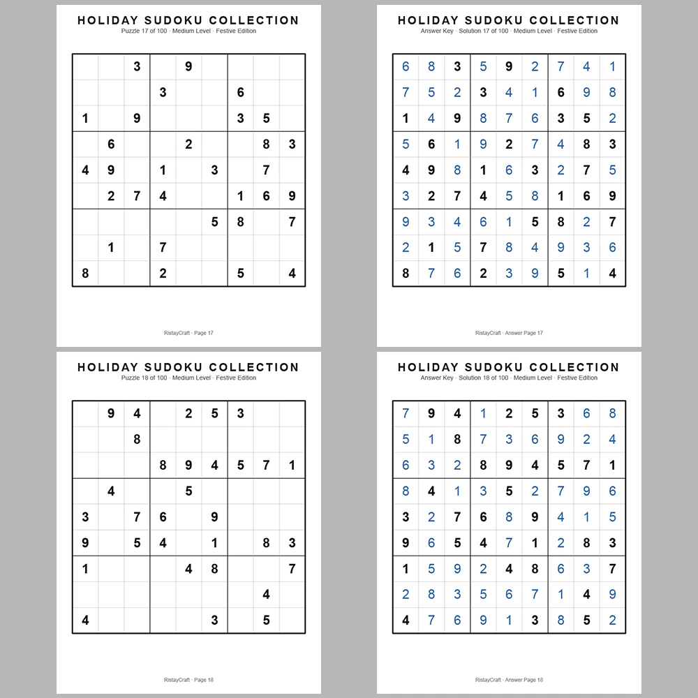 Sudoku Puzzle Holiday Sudoku 100 Puzzle Pages + 100 Answer Key Pages