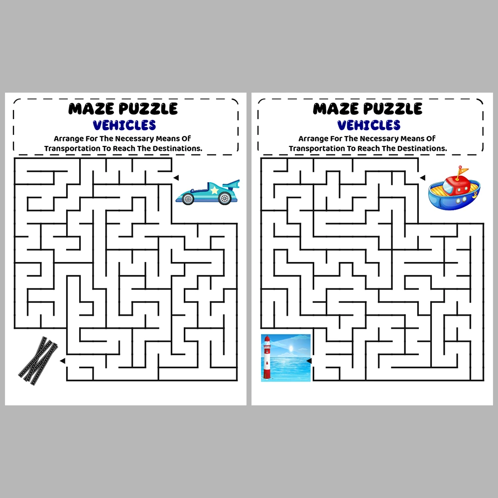 Vehicles Kids Maze Puzzle 10 Pages of Puzzles