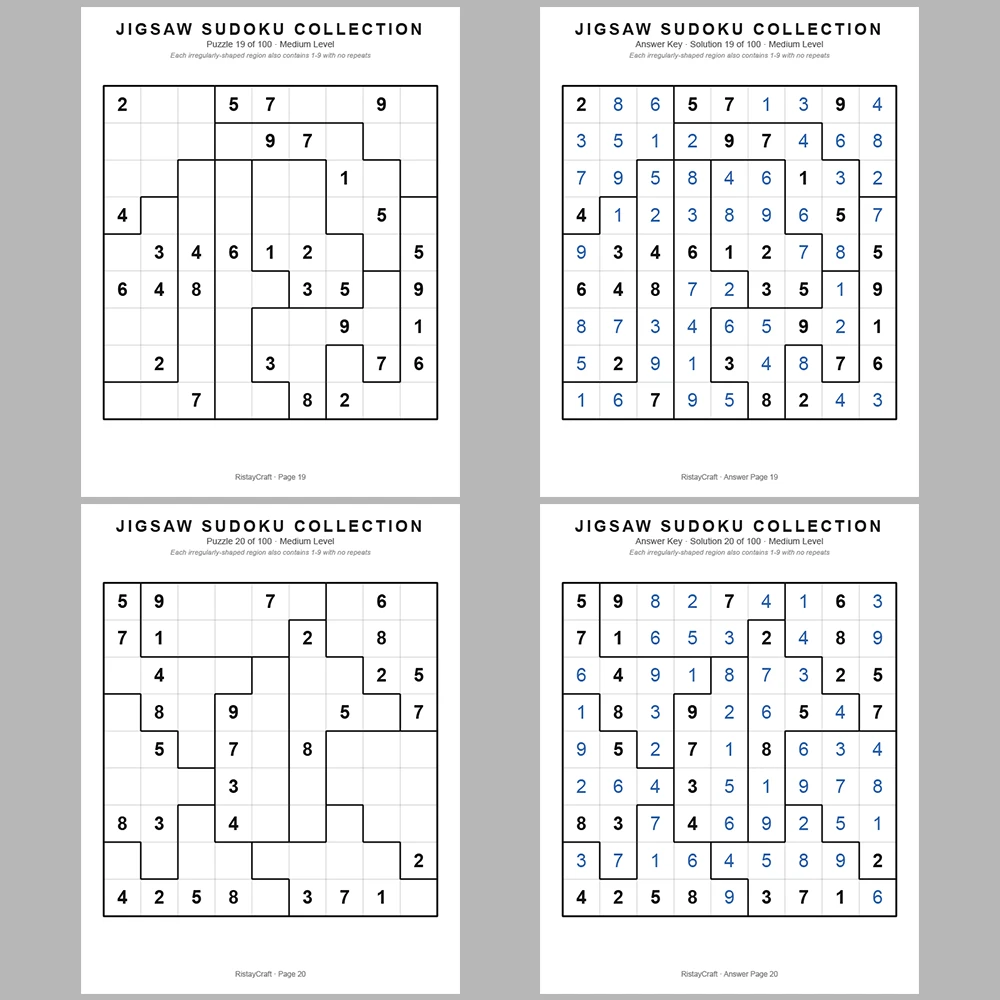 Sudoku Puzzle Jigsaw Sudoku 100 Puzzle Pages + 100 Answer Key Pages