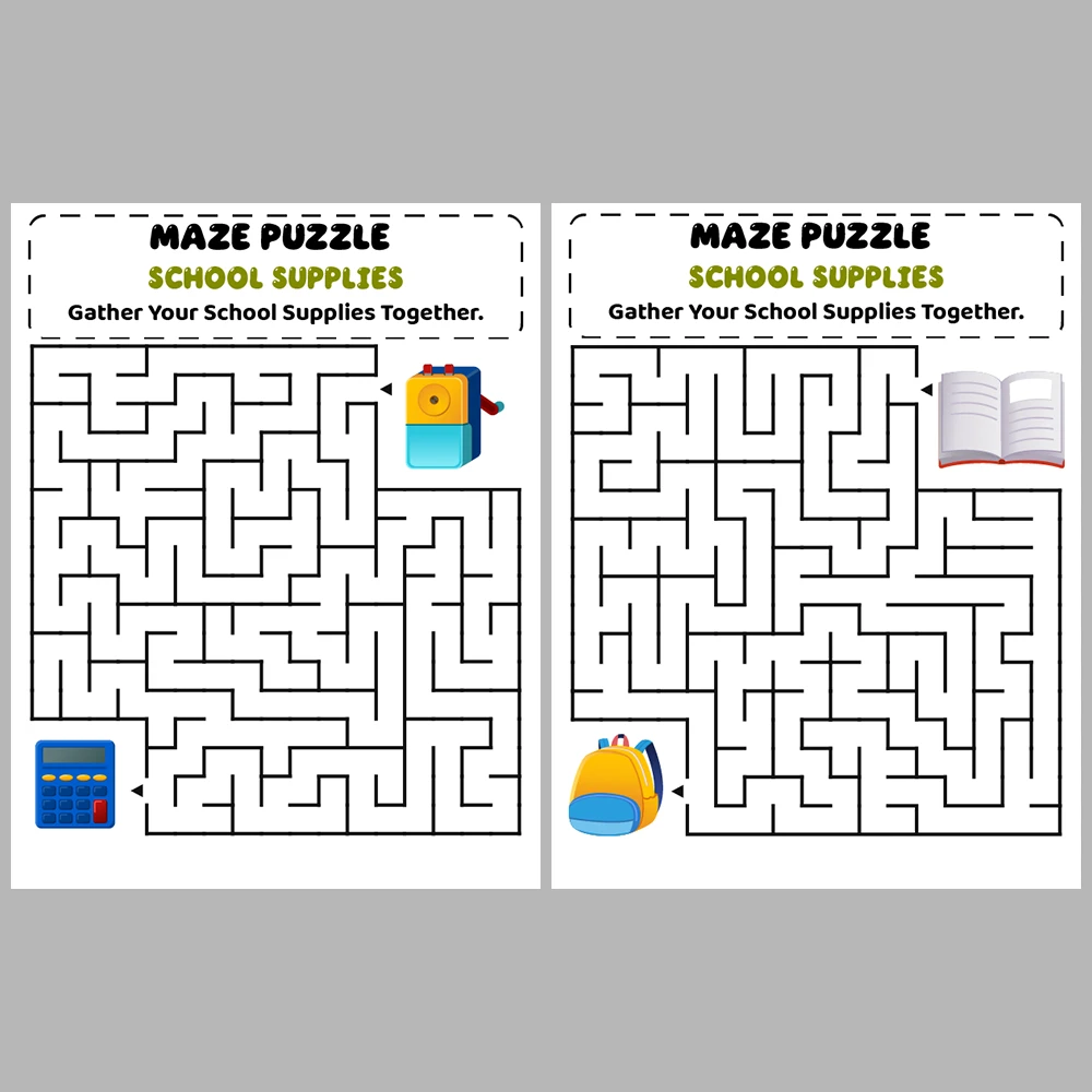 School Supplies Kids Maze Puzzle 10 Pages of Puzzles