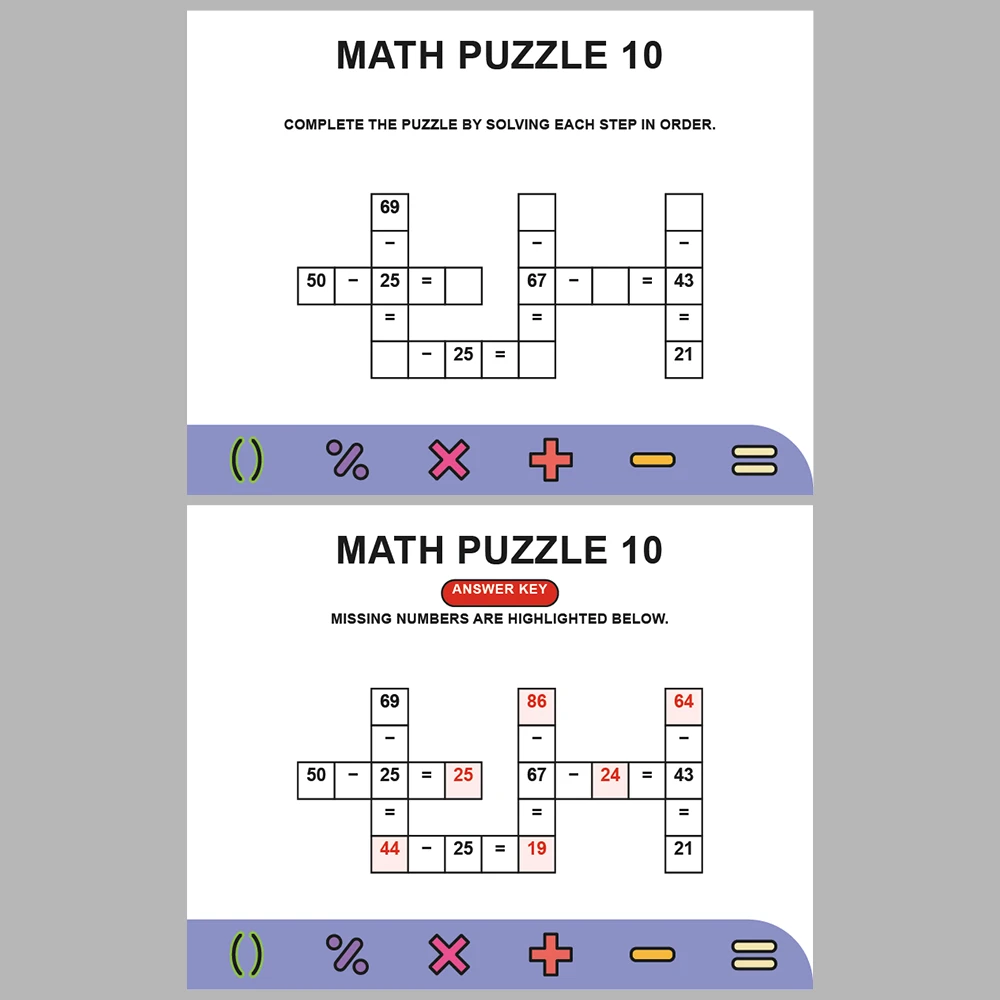 Math Puzzle Subtraction 10 Puzzle Pages + 10 Answer Key Pages (Vol. 2)