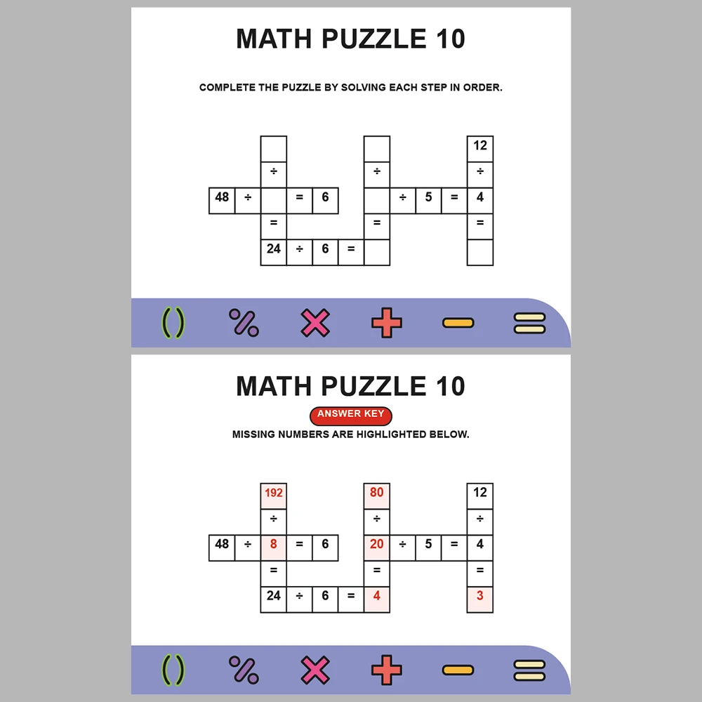 Math Puzzle Division 10 Puzzle Pages + 10 Answer Key Pages (Vol. 3)