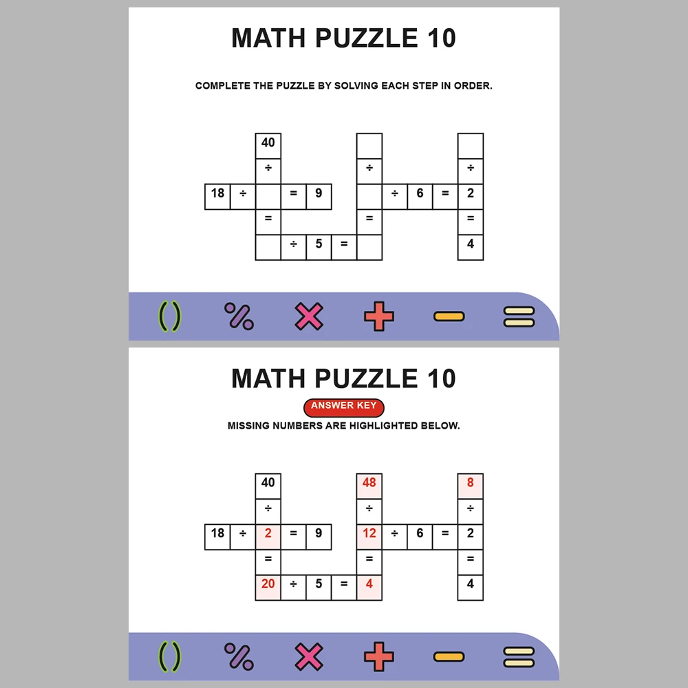 Math Puzzle Division 10 Puzzle Pages + 10 Answer Key Pages (Vol. 2)