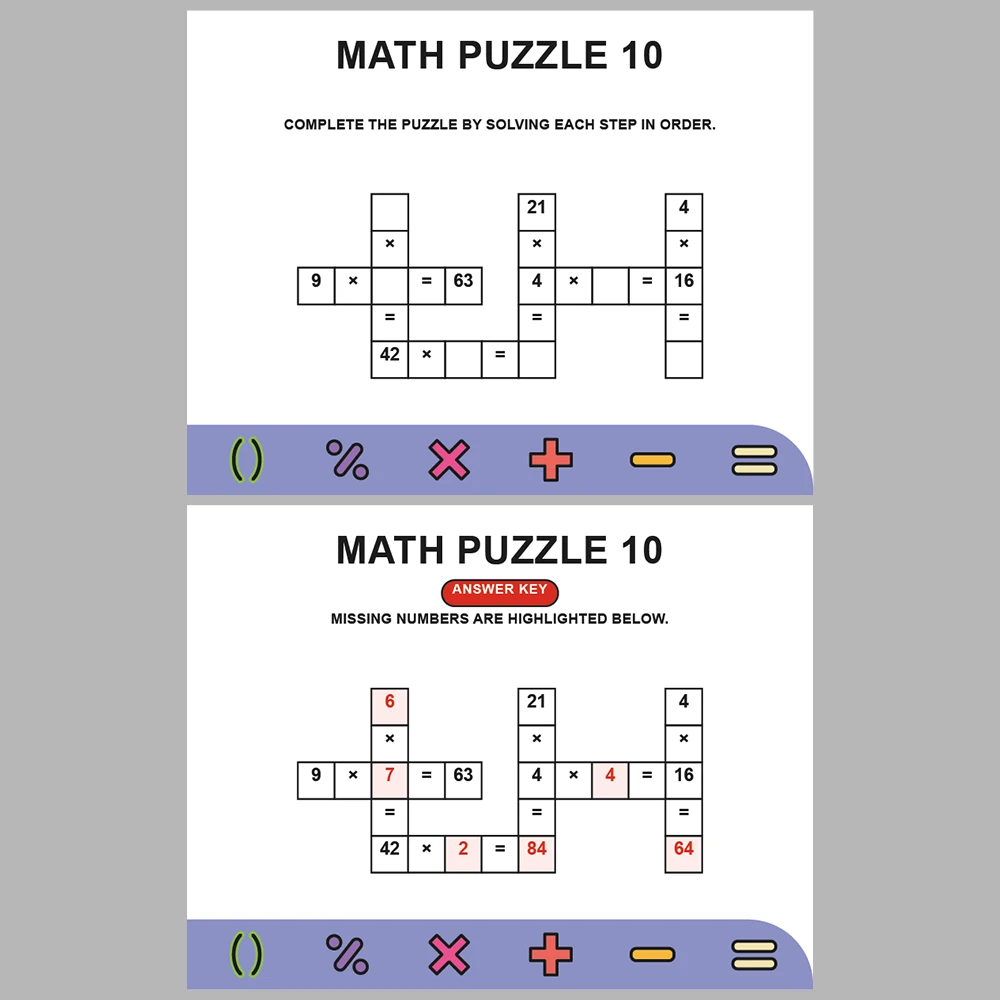 Math Puzzle Multiplication 10 Puzzle Pages + 10 Answer Key Pages (Vol. 7)