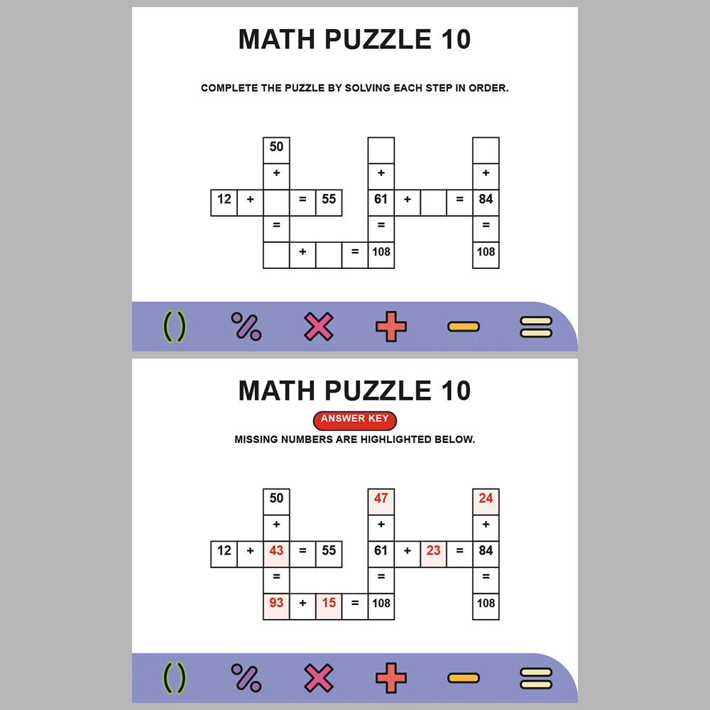 Math Puzzle Addition 10 Puzzle Pages + 10 Answer Key Pages (Vol. 1)