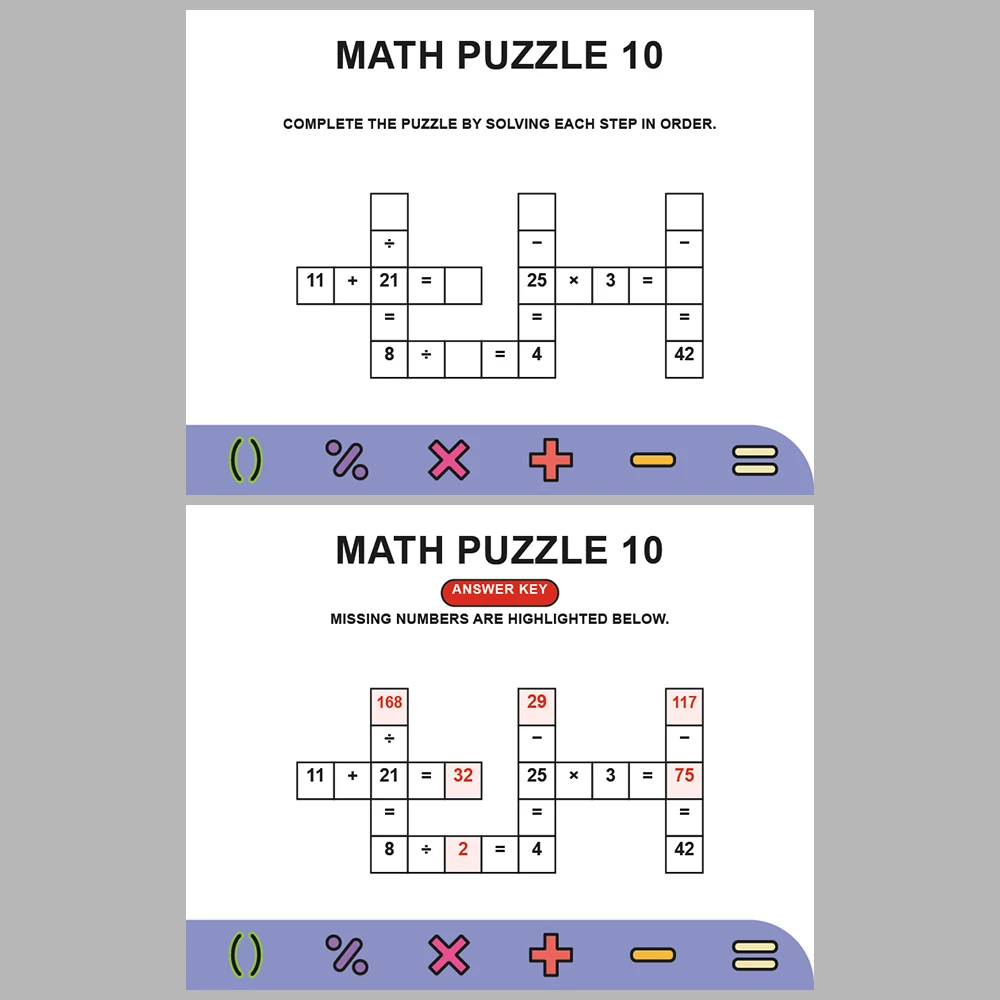 Math Puzzle Four Operations 10 Puzzle Pages + 10 Answer Key Pages (Vol. 15)