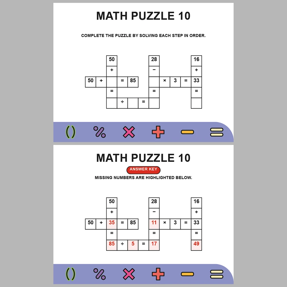 Math Puzzle Four Operations 10 Puzzle Pages + 10 Answer Key Pages (Vol. 13)