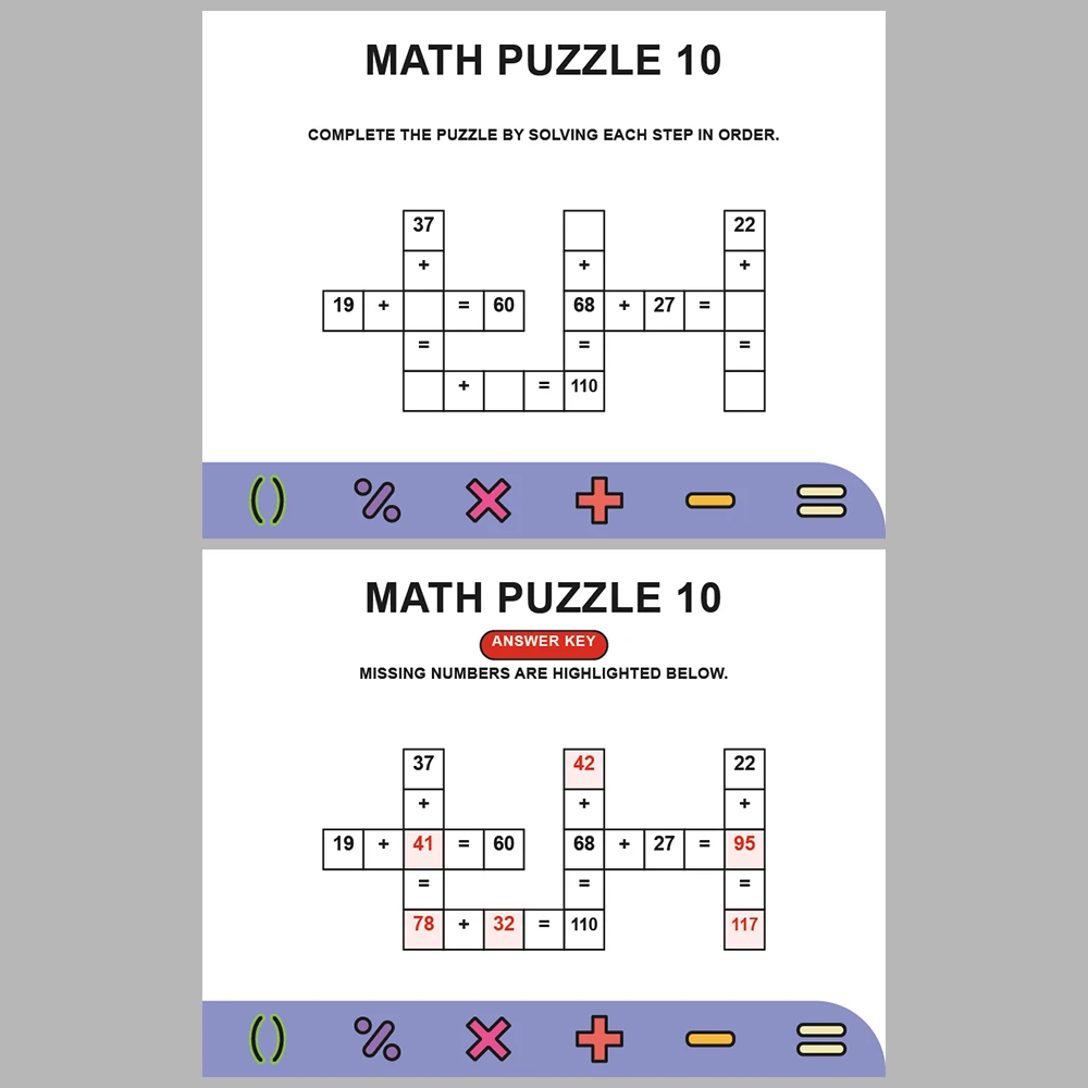 Math Puzzle Addition 10 Puzzle Pages + 10 Answer Key Pages (Vol. 10)