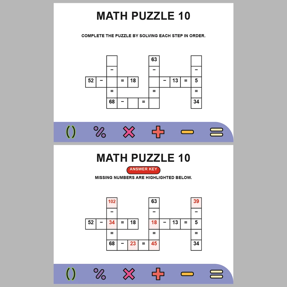 Math Puzzle Subtraction 10 Puzzle Pages + 10 Answer Key Pages (Vol. 8)
