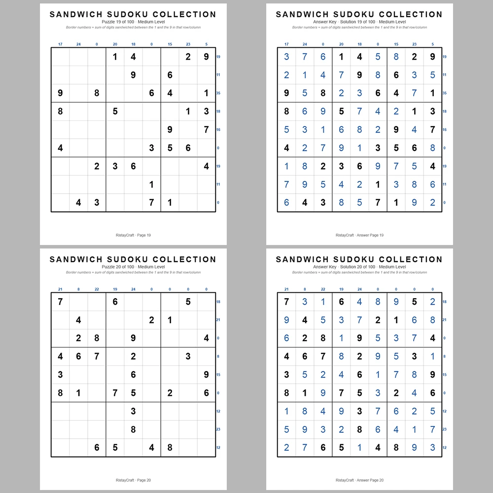 Suooku Puzzle Sandwich Sudoku 100 Puzzle Pages + 100 Answer Key Pages