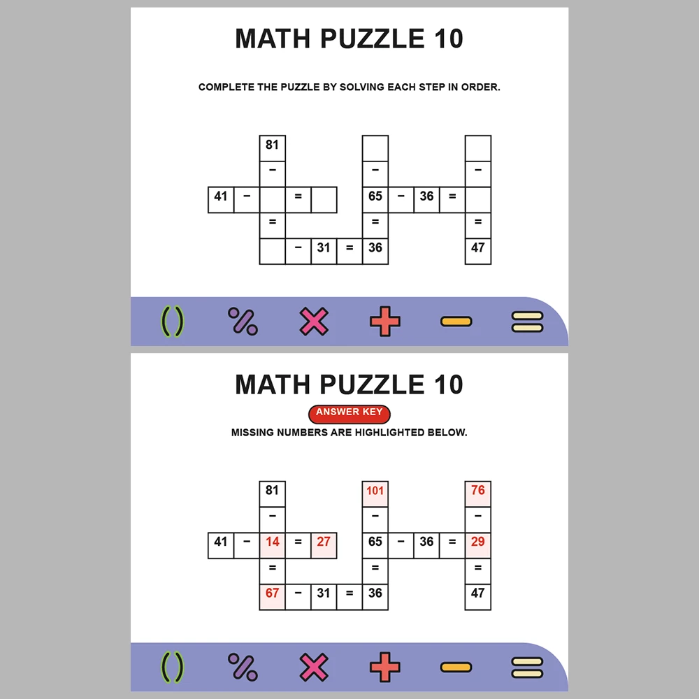 Math Puzzle Subtraction 10 Puzzle Pages + 10 Answer Key Pages (Vol. 9)
