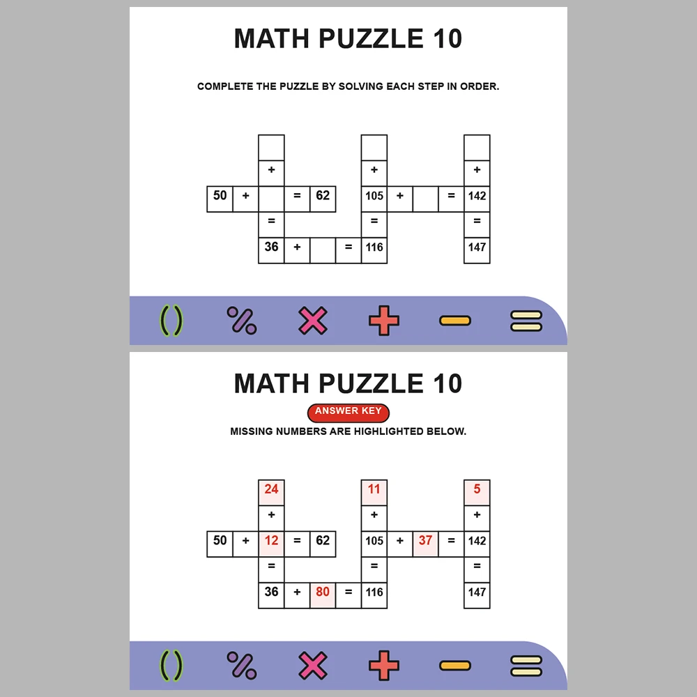 Math Puzzle Addition 10 Puzzle Pages + 10 Answer Key Pages (Vol. 8)