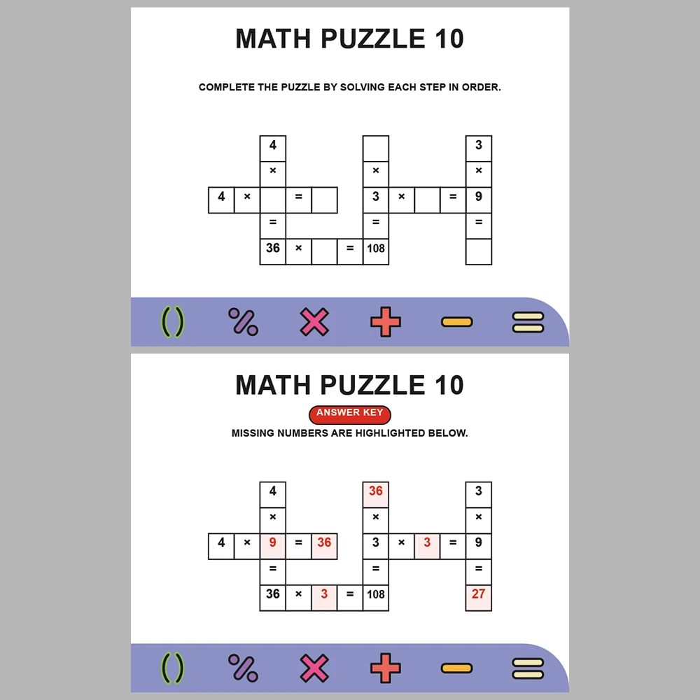 Math Puzzle Multiplication 10 Puzzle Pages + 10 Answer Key Pages (Vol. 4)
