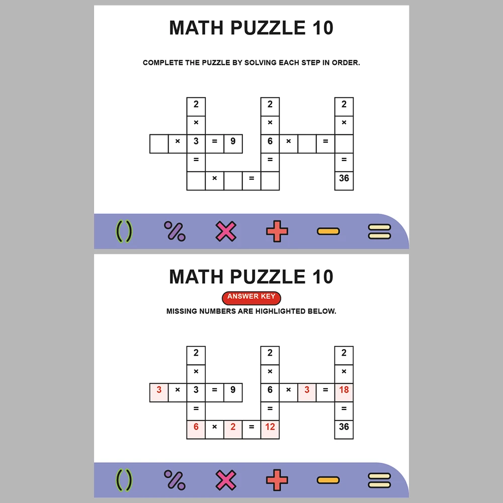 Math Puzzle Multiplication 10 Puzzle Pages + 10 Answer Key Pages (Vol. 9)