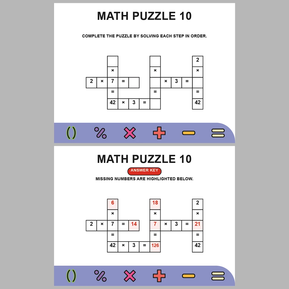 Math Puzzle Multiplication 10 Puzzle Pages + 10 Answer Key Pages (Vol. 1)