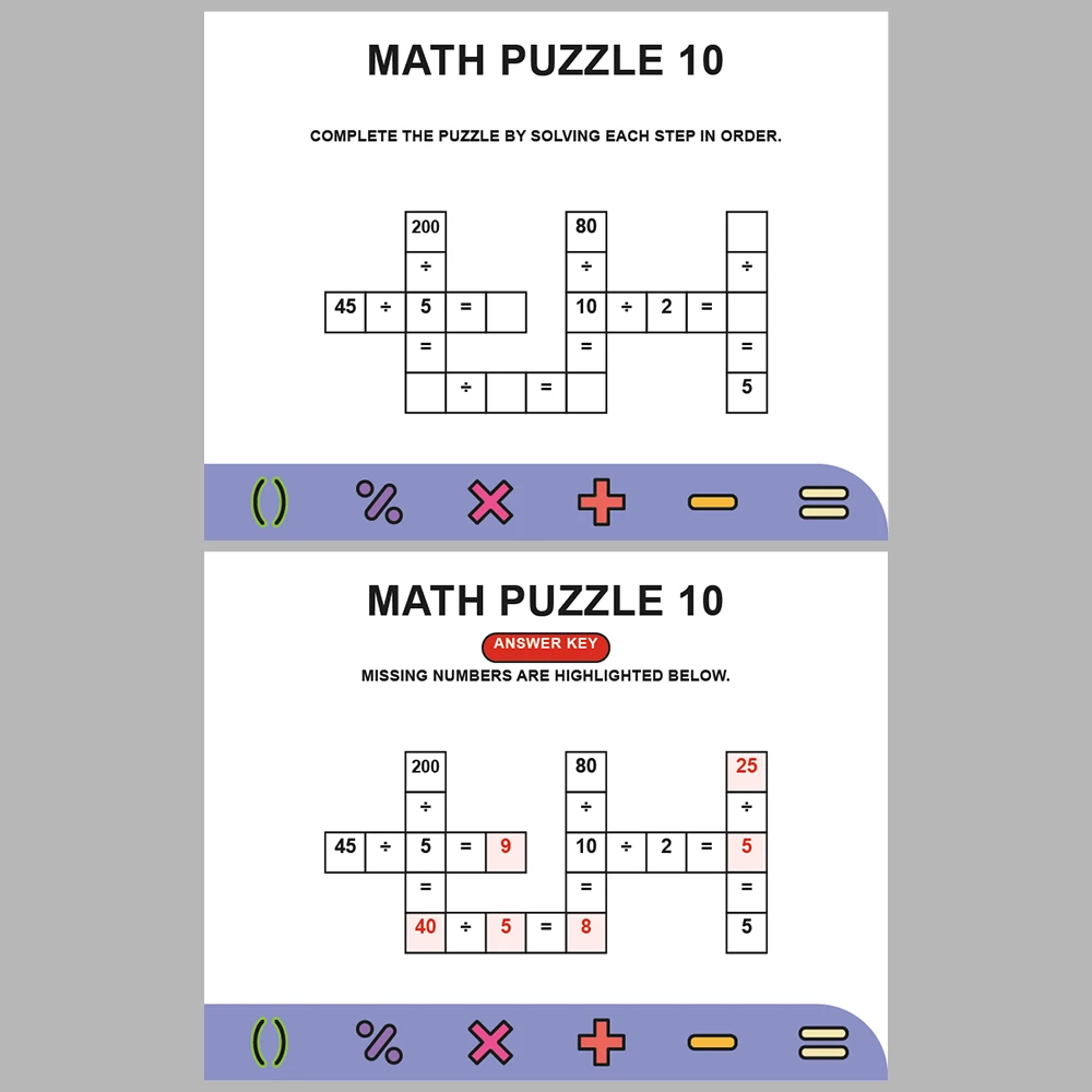 Math Puzzle Division 10 Puzzle Pages + 10 Answer Key Pages (Vol. 10)